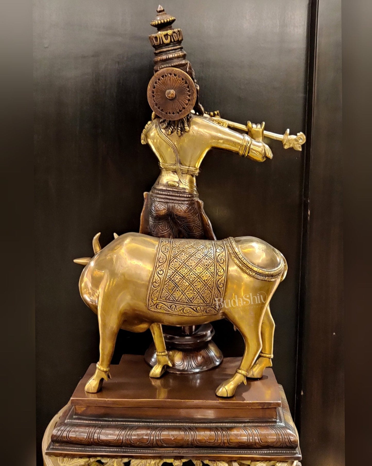 Superfine Krishna with Cow Sculpture - Dual Tone Copper Wash, 25.5" Tall, 26kg
