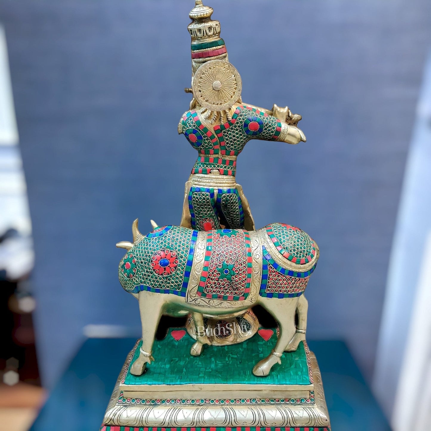 Superfine Krishna With Cow Statue in Fine Brass - Meenakari Stonework - 25 inch