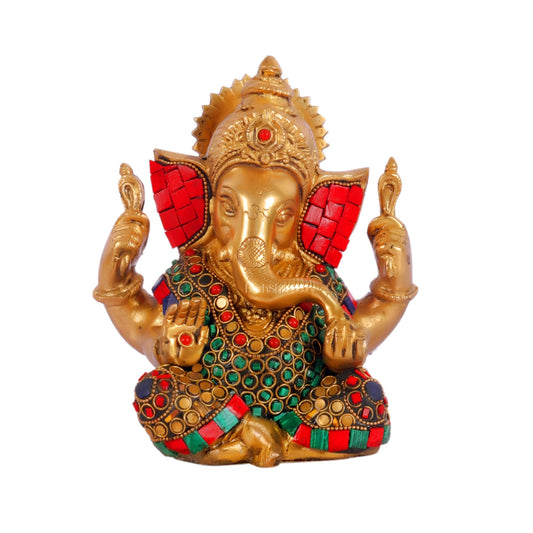 Unique Taj Ganesha Brass Sculpture with meenakari stonework 6"