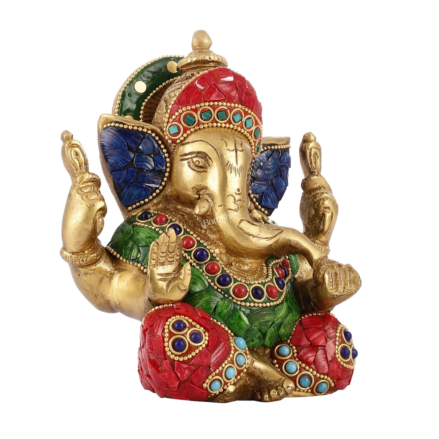 Taj Ganesha brass idol with meenakari stonework 6"