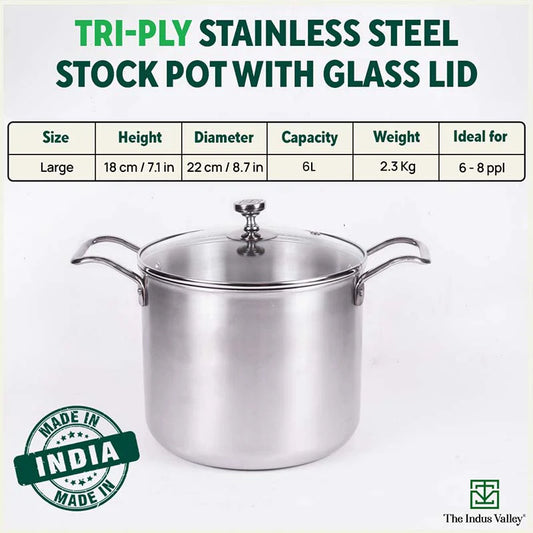 TurboCuk Tri-ply Stainless Steel Tall Biryani Pot/Casserole+ Glass Lid, Premium Quality, 3 Layer Thick Body, 100% Toxin-free, Non-stick, Induction & Gas, 6L