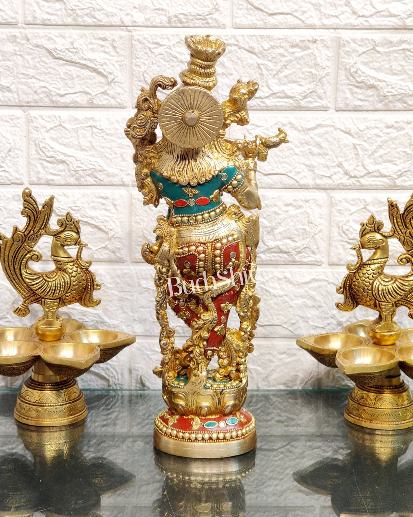 The Brass Krishna Statue - Divine Handcrafted Masterpiece | 14 inches with stonework