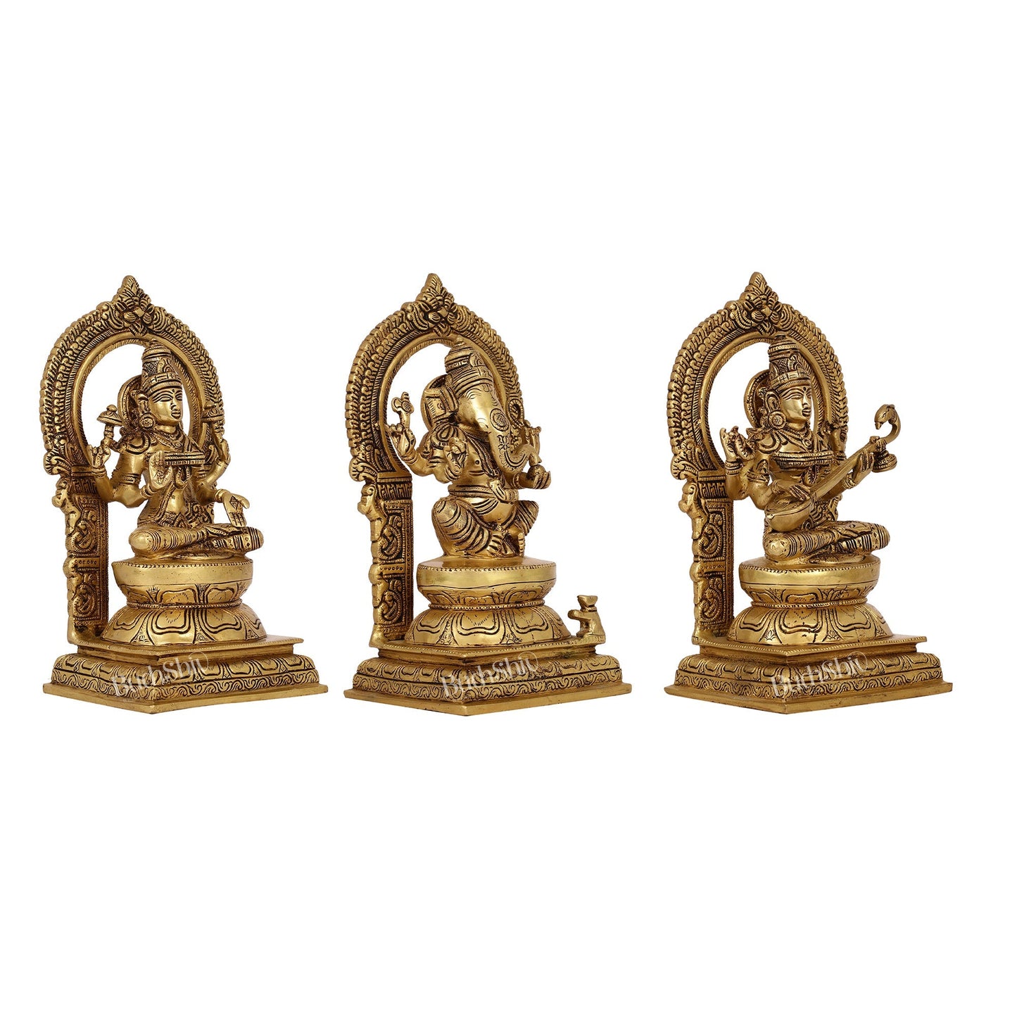 The Holy Trinity - Ganesha, Lakshmi, Saraswati - Brass Idols 10"