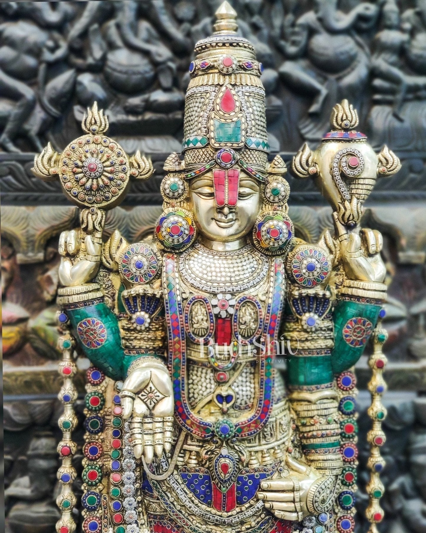 Pure Brass Tirupati Balaji Idol - Golden Finish with Stonework, 48"