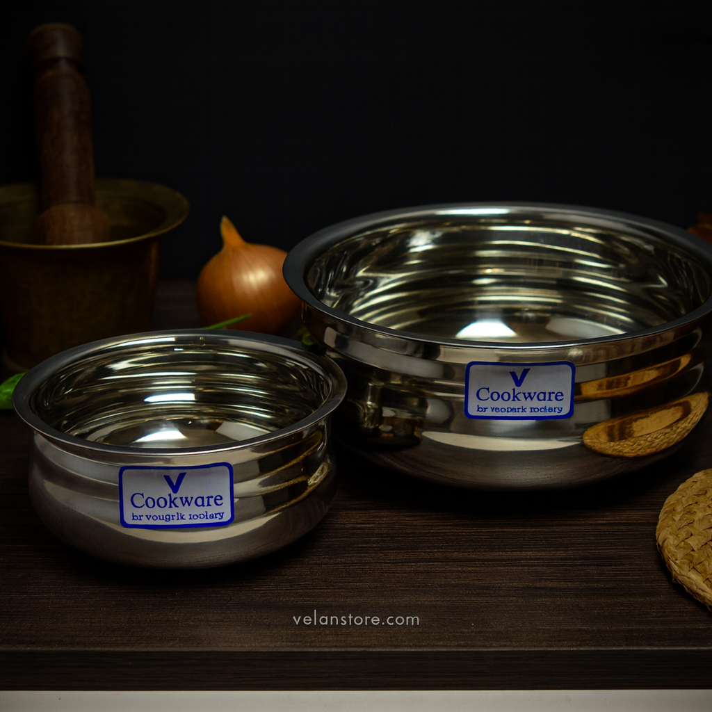 Vcookware ஸ்டெயின்லெஸ் ஸ்டீல் டாப்ஸ் செட் - மிரர் ஃபினிஷ், நீடித்து உழைக்கக்கூடிய & அடுக்கக்கூடிய சமையல் பாத்திரங்கள் | வேலன்ஸ்டோர்