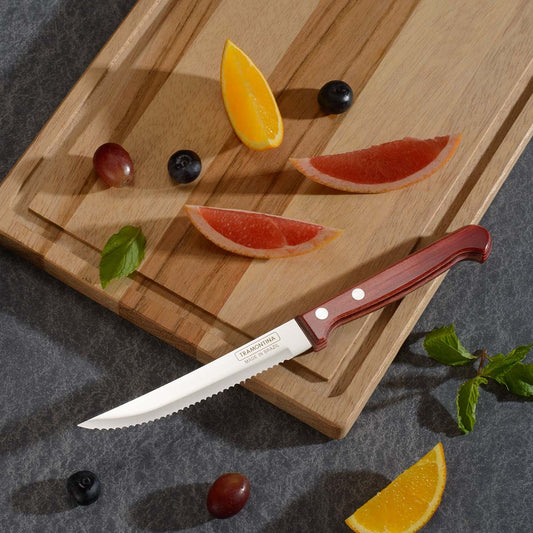 Polywood 5" Stainless Steel Steak & Fruit knife Serrated Blade - Impact & Heat Resistant Wooden Handle (Red)