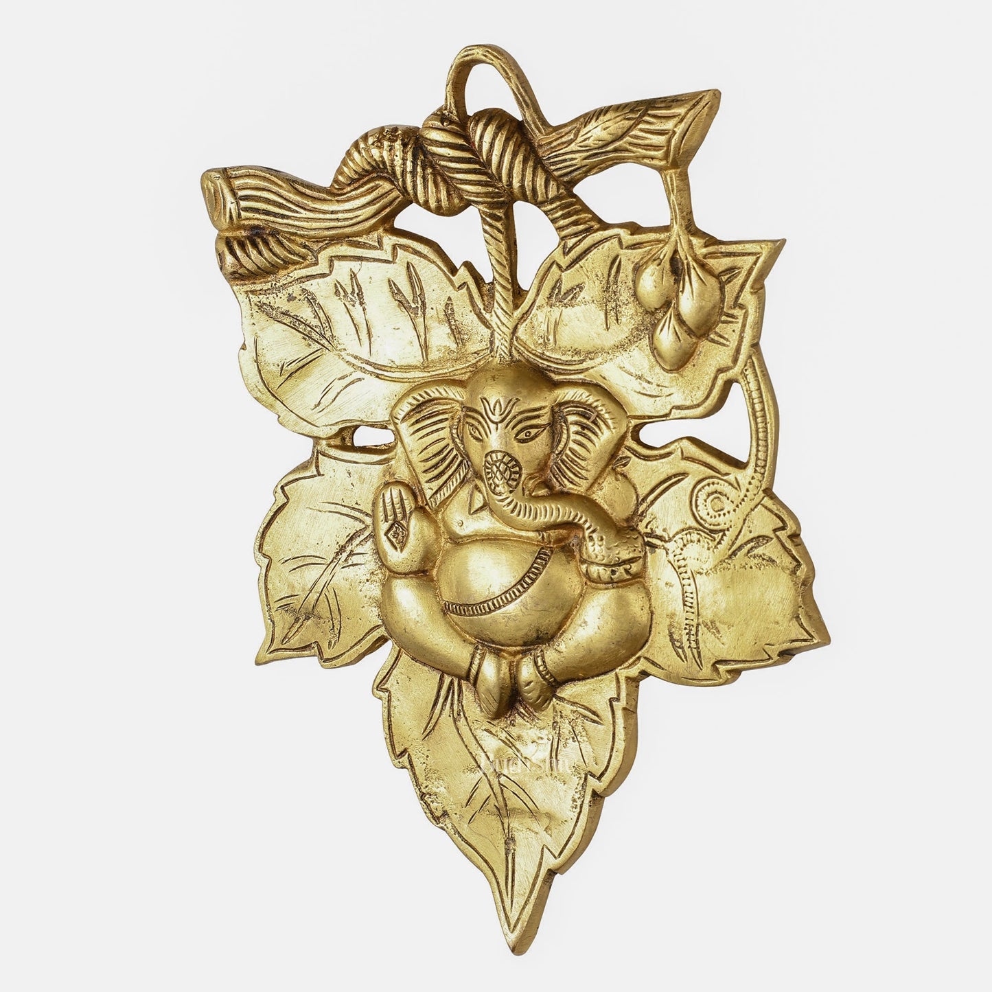Unique Brass Lord Ganesha Wall Hanging on Leaf - 10.5 x 7 inch