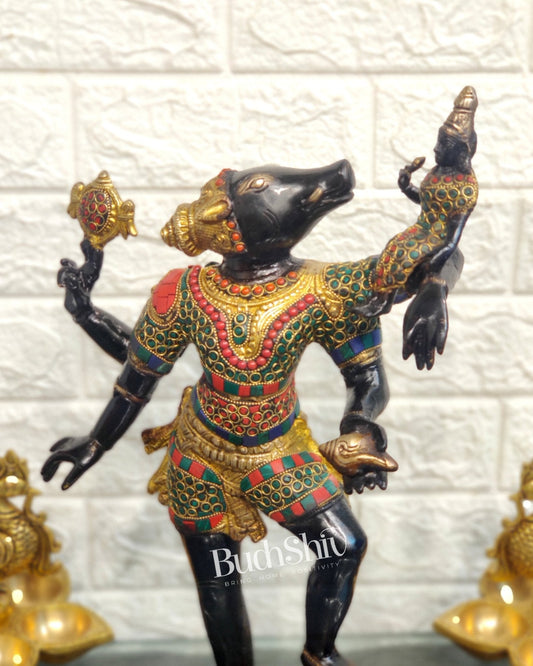Varaha with Bhooma Devi Brass Statue 17 inch Black Gold with stonework