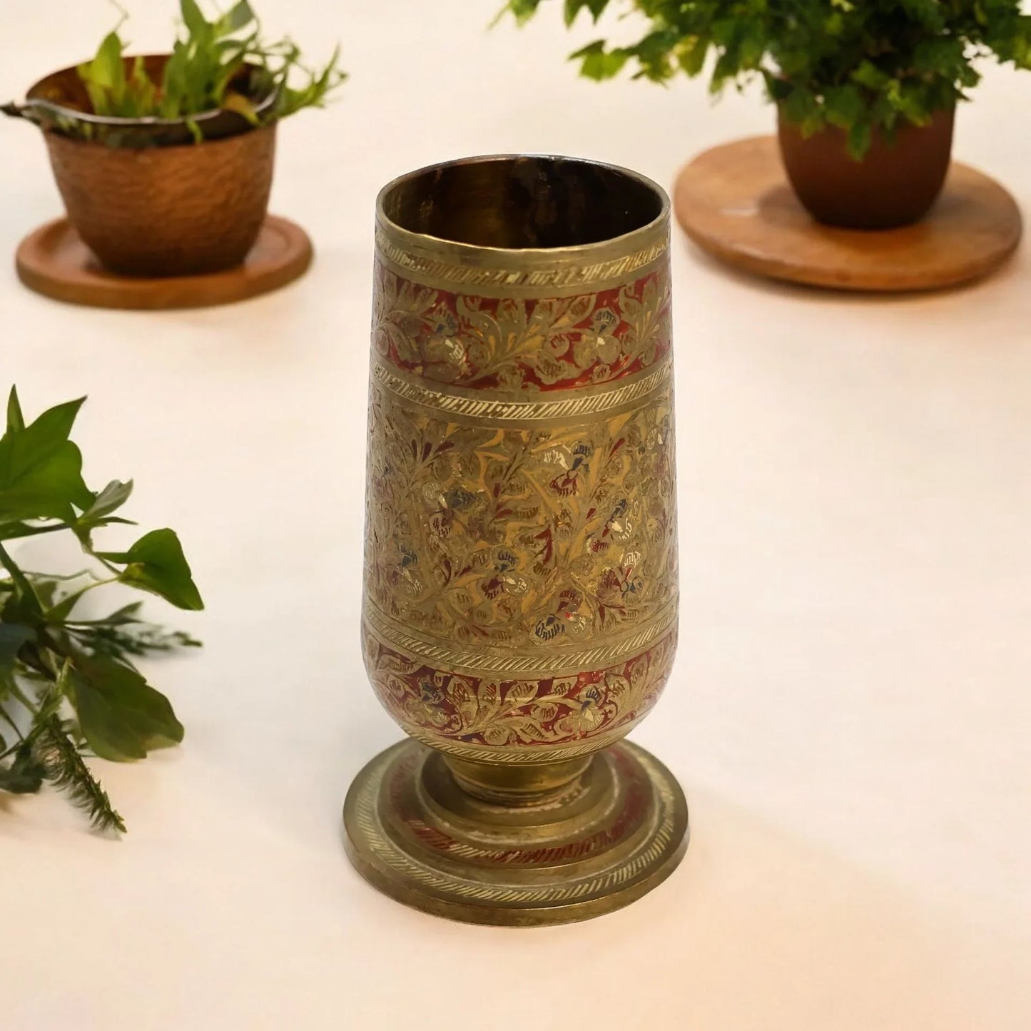 vintage brass glass with unique carving design
