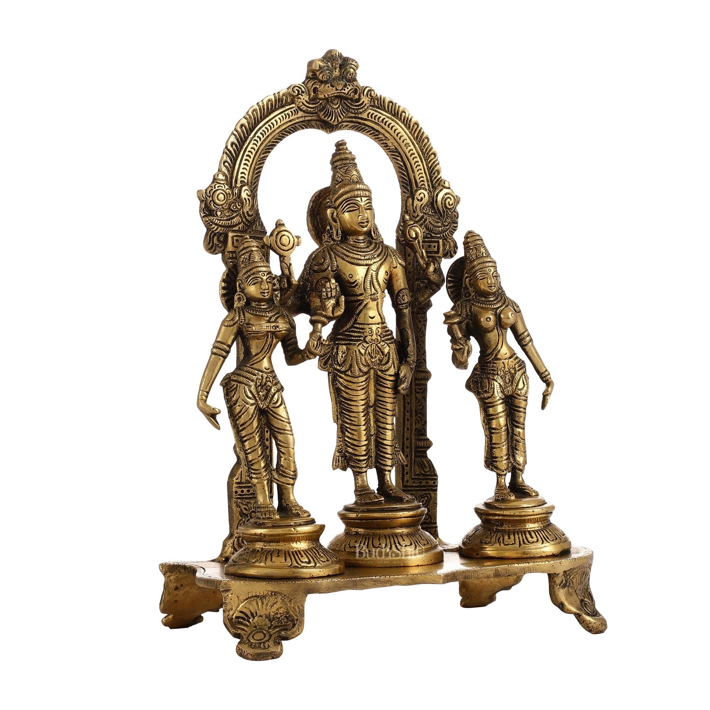 Vishnu with Bhudevi and Sridevi Brass statue with Prabhavali 10 inch