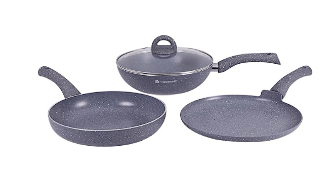 Wonderchef Granite Nonstick 4 Piece Cookware Set(Frying Pan with Lid, Wok, Dosa Tawa), Induction Bottom, Soft-Touch Handles, Pure Grade Aluminium, PFOA, 3.5mm, 2 Years Warranty (Grey)