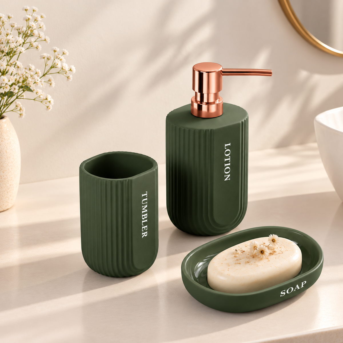 Plantex Ceramic Bathroom Set - Soap Holder for Bathroom/Liquid Soap Dispenser/Tumbler Holder/Toothbrush Holder - 3 Pcs Set (Model APS-NZBA-422)