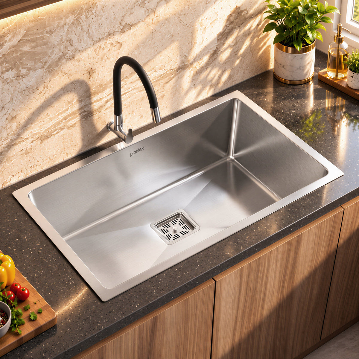 Plantex Premium Stainless Steel Kitchen Sink/Heavy-Duty Sink for Kitchen with 25 Years Warranty by Plantex/Single Bowl Sink with Square Coupling, Hose Pipes and Drain Racks (Matt- 30 x 18 x 9 Inches)