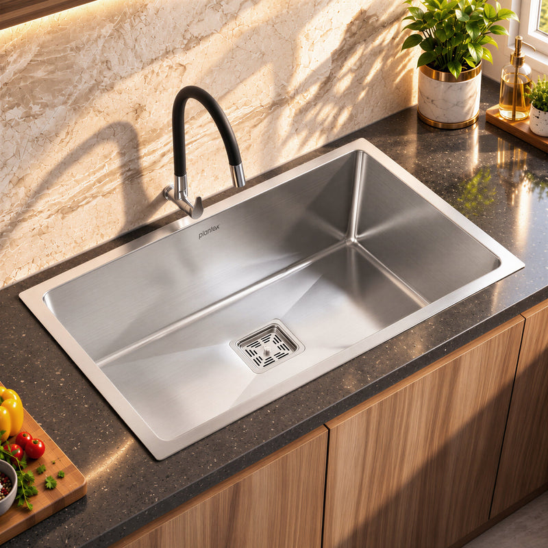 Plantex Premium Stainless Steel Kitchen Sink/Heavy-Duty Sink for Kitchen with 25 Years Warranty by Plantex/Single Bowl Sink with Square Coupling, Hose Pipes and Drain Racks (Matt- 30 x 18 x 9 Inches)-1