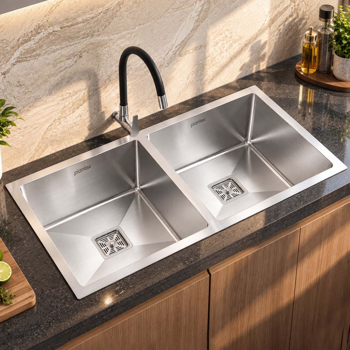 Plantex Heavy Duty Stainless Steel Double Bowl Sink for Kitchen/Handmade Kitchen Sink with 25 Years Warranty by Plantex/Sink with Coupling, Hose Pipe and Drying Rack (Silver Matt - 37x18x9 Inches)-1
