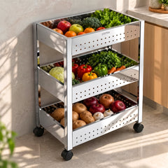 Plantex Stainless Steel 3-Tier Vegetable Storage Basket for Kitchen/Onion Garlic Stand-Trolley (Square Profile-Silver)-1