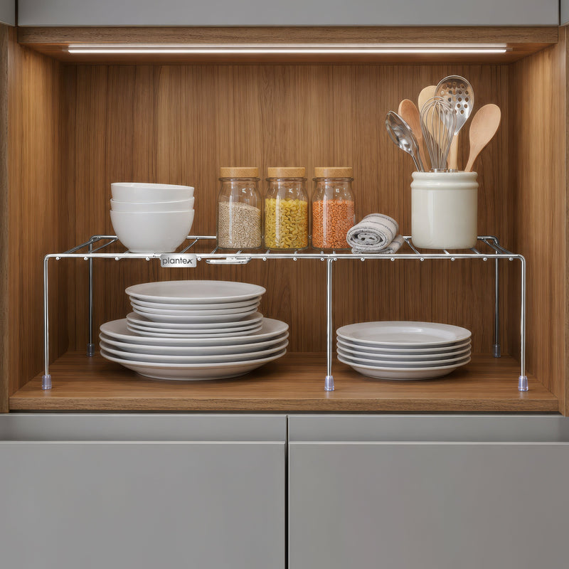 Plantex Stainless Steel Multipurpose Expandable Dish Rack/Expandable Storage Shelves for Kitchen Cabinets/Plate Stand/Utensil Rack(Chrome-Silver)-1