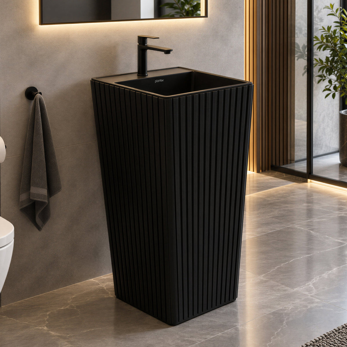 Plantex Acrylic Resin & Quartz Free Standing Wash Basin/Pedestal Wash Basin/Square Basin for Bathroom/Home/Office/Hotel - (10049, Black)-1