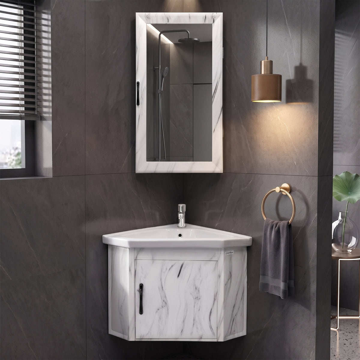 Plantex Glass, Ceramic, HPP Unbrekable Wall Mount Vanity Cabinet with Washbasin and Mirror/Corner Basin with Cabinet for Bathroom - (484, White)-1