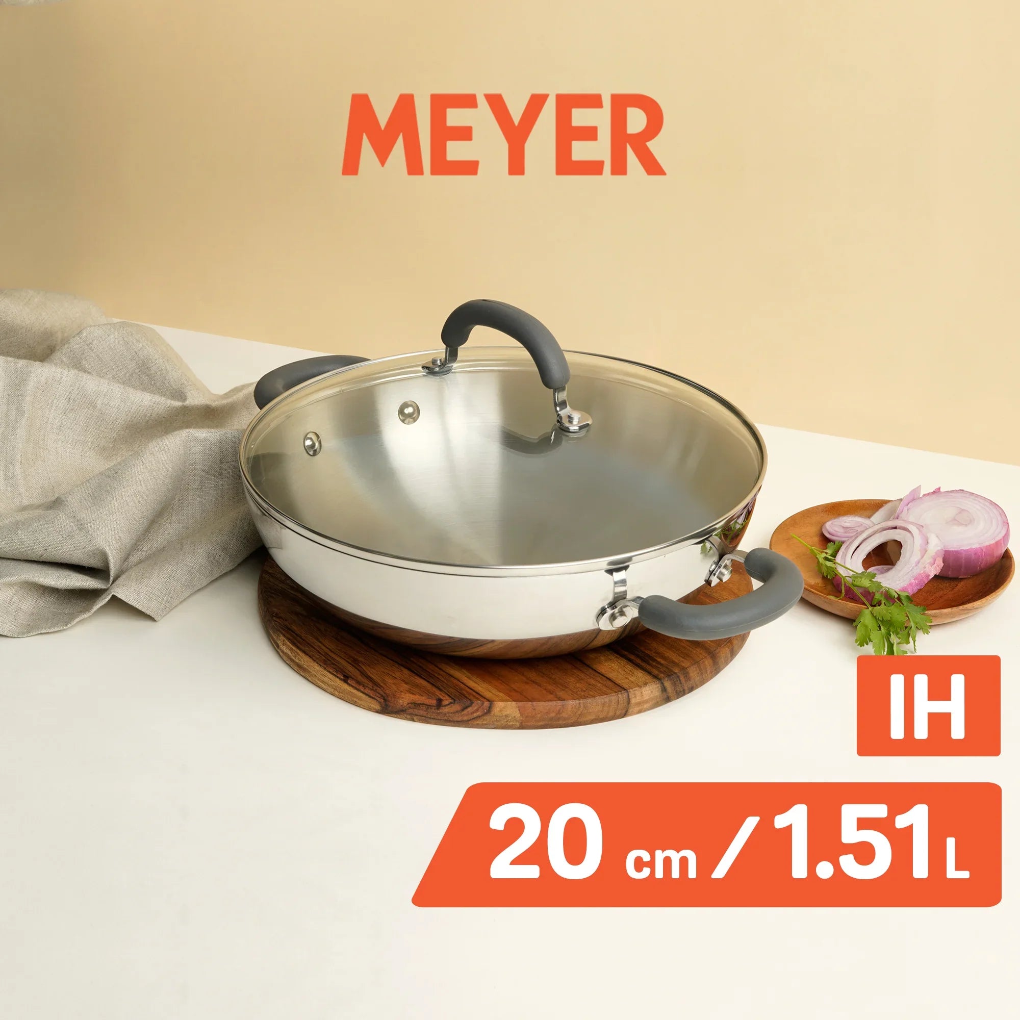 Meyer Trivantage Stainless Steel Triply Cookware Kadai/Wok with Lid, 20cm
