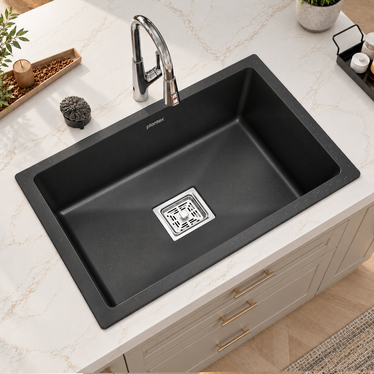 Plantex Quartz Single Bowl Kitchen Matt Sink/Sink For Kitchen/Undermount/Top Mounted (Black - 21X18 Inches)