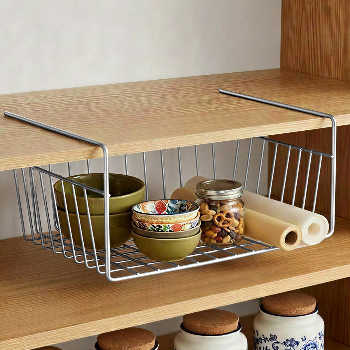 Plantex Under Shelf Organizer Rack for Kitchen Cabinet/12 Inch Multifunction Hanging Shelf Basket for Storage & Organization/Stainless Steel Under Cabinet Storage Rack - (Pack of 1, Chrome)