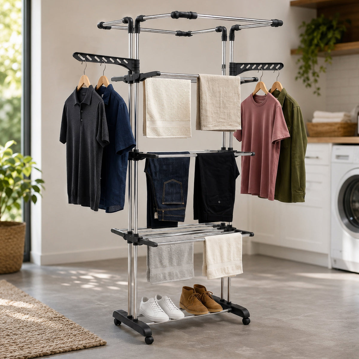 Plantex Stainless Steel Cloth Stand/Foldable Cloth Stand for Balcony/Stand for Cloth Drying with 4 Hangers (Chrome & Gray) Aeronest Jumbo