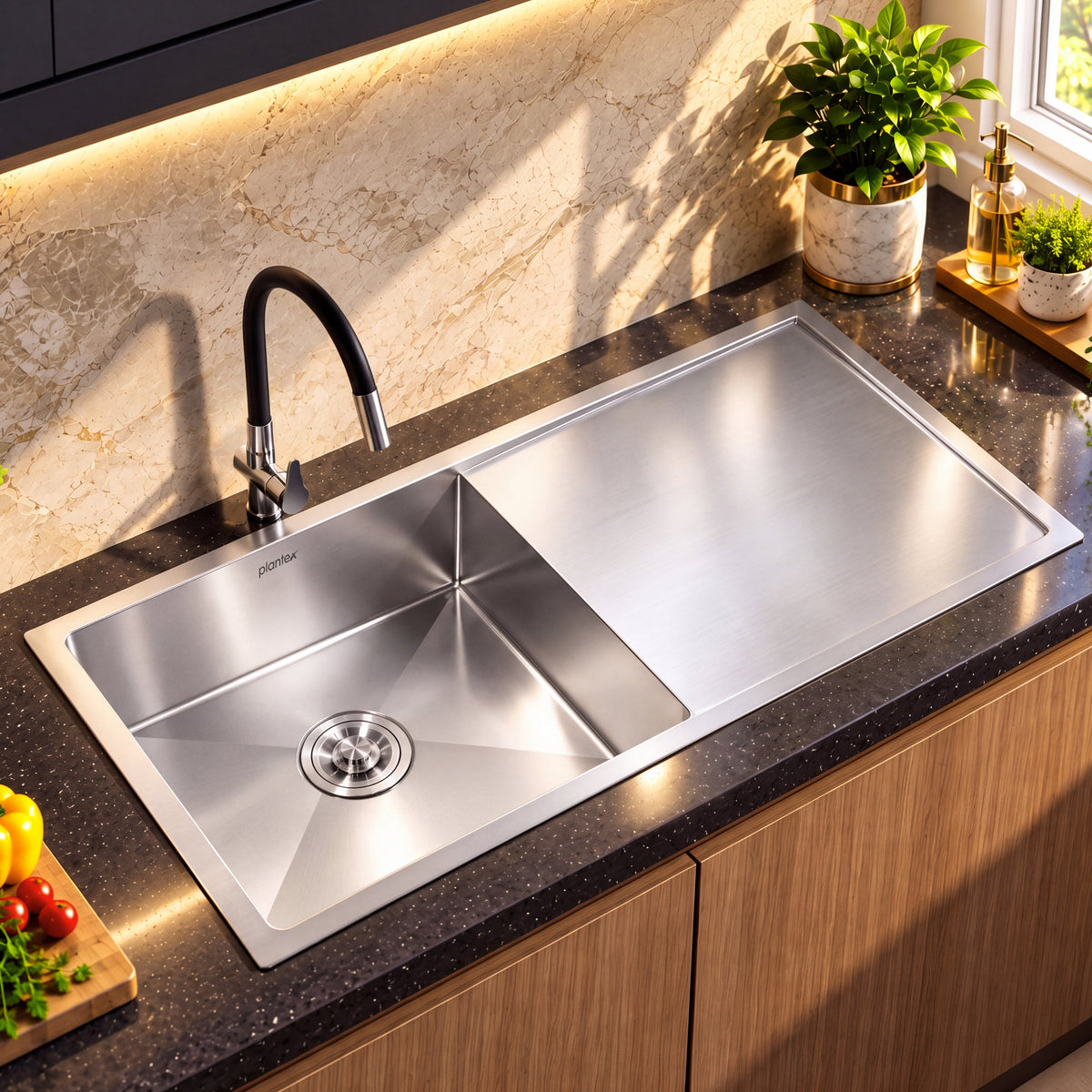 Plantex Stainless Steel Handmade Kitchen Sink/Single Bowl Sink For Kitchen With Drain Board/Undermount/Topmount (Matt - 37X18 Inches)-1