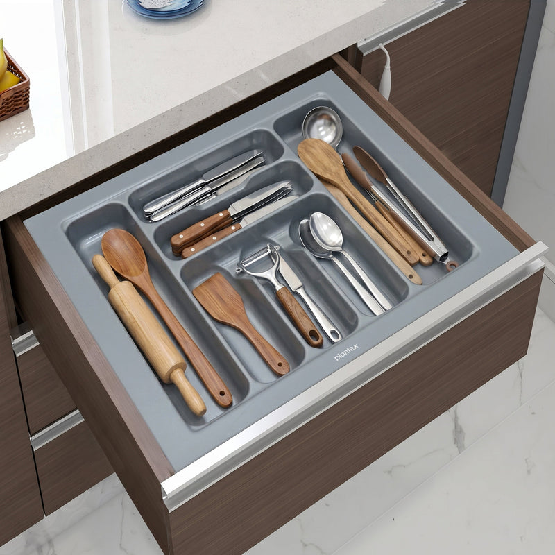 Plantex Polyvinyl Chloride Cutlery Tray/Cutlery Organizer for Kitchen Drawer/Modular Kitchen Accessories Organizer Grey (21 x 18.5 Inch)-1