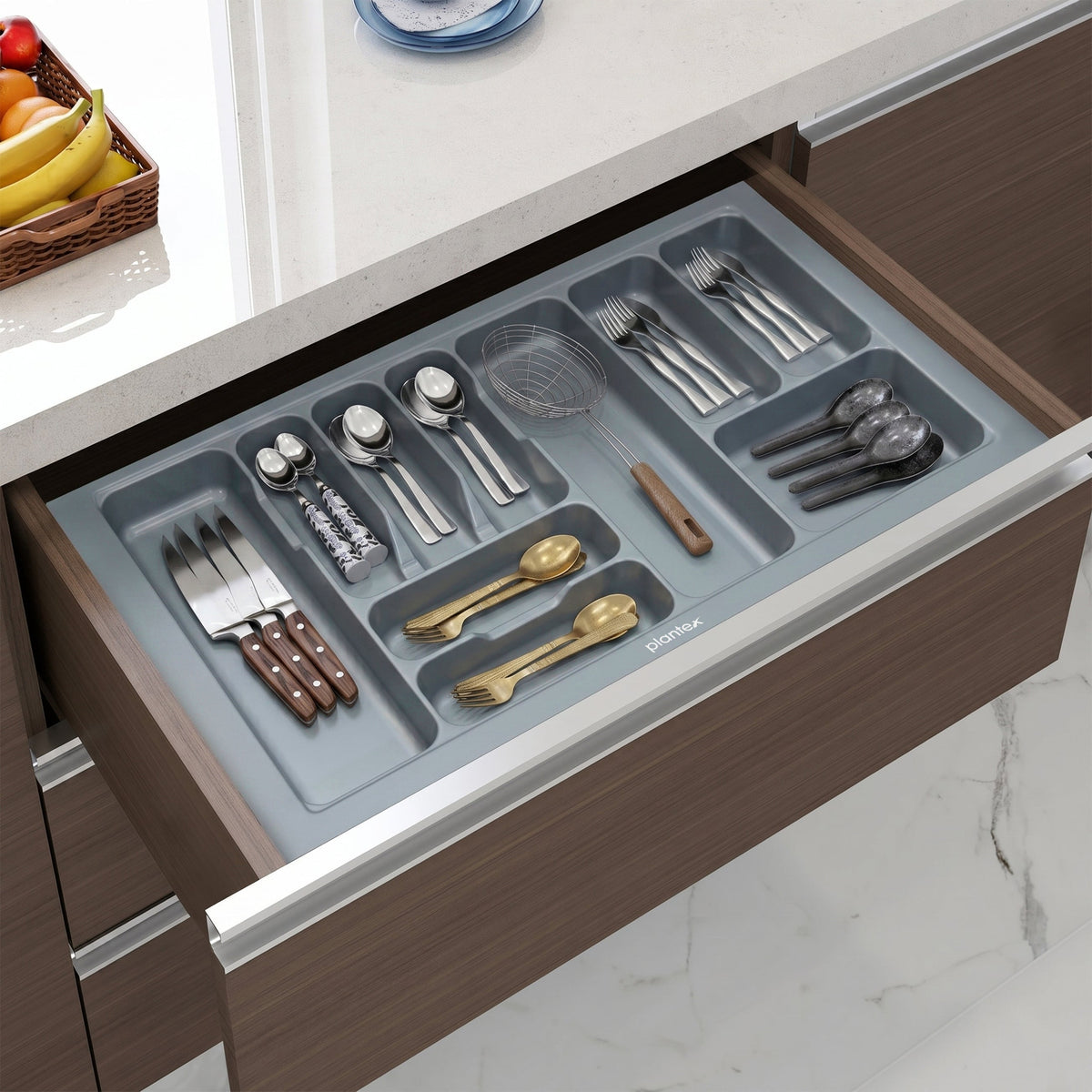 Plantex Kitchen Drawer Cutlery Tray Organizer/Multipurpose Organizer for Cutlery/Spoons/Spatulas/Cosmetics & Stationery/Fits Modular Kitchen Cabinets (32.5 x 18.5 Inches, Grey)