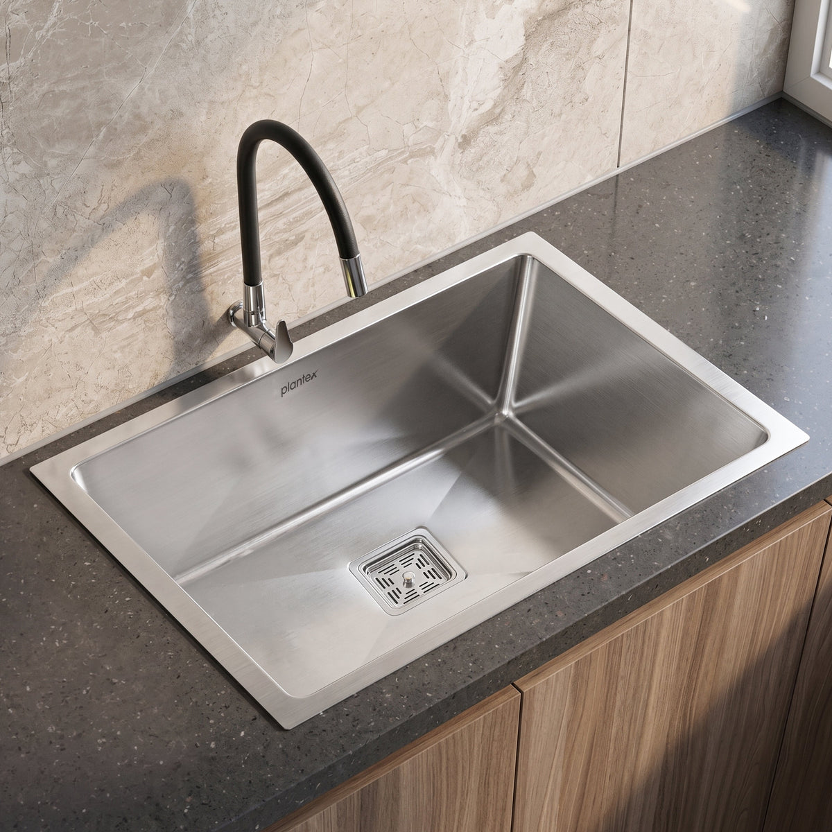 Plantex Heavy Duty Stainless Steel Kitchen Sink/Sink for Kitchen with 25 Years Warranty by Plantex/Single Bowl Sink Square Coupling, Hose Pipes and Drain Rack (Matt-24 x 18 x 9 Inches)