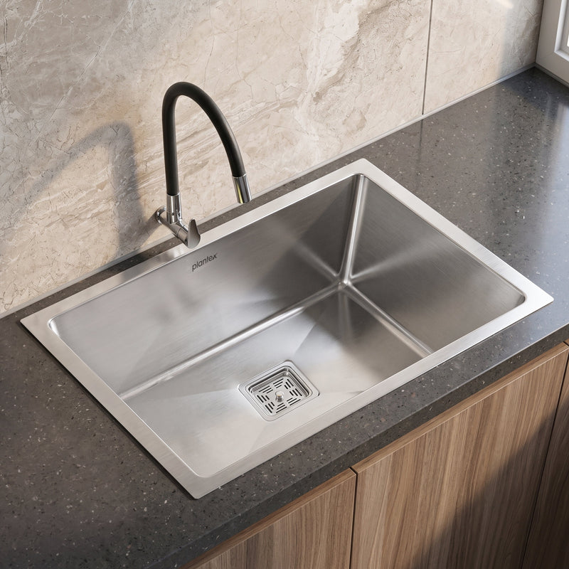 Plantex Heavy Duty Stainless Steel Kitchen Sink/Sink for Kitchen with 25 Years Warranty by Plantex/Single Bowl Sink Square Coupling, Hose Pipes and Drain Rack (Matt-24 x 18 x 9 Inches)-1