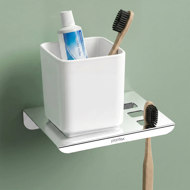 Plantex Stainless Steel with ABS Material Tumbler Holder/Tooth Brush Holder/Organizer/Bathroom Accessories - Wall Mount-1