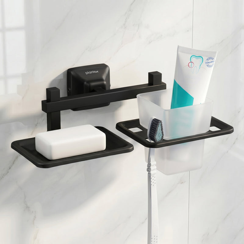 Plantex 304 Grade Stainless Steel Squaro 2 in 1 Soap Dish with Tumbler Holder/Soap Stand/ABS Material Tooth Brush Holder/Bathroom Accessories (Black)-1