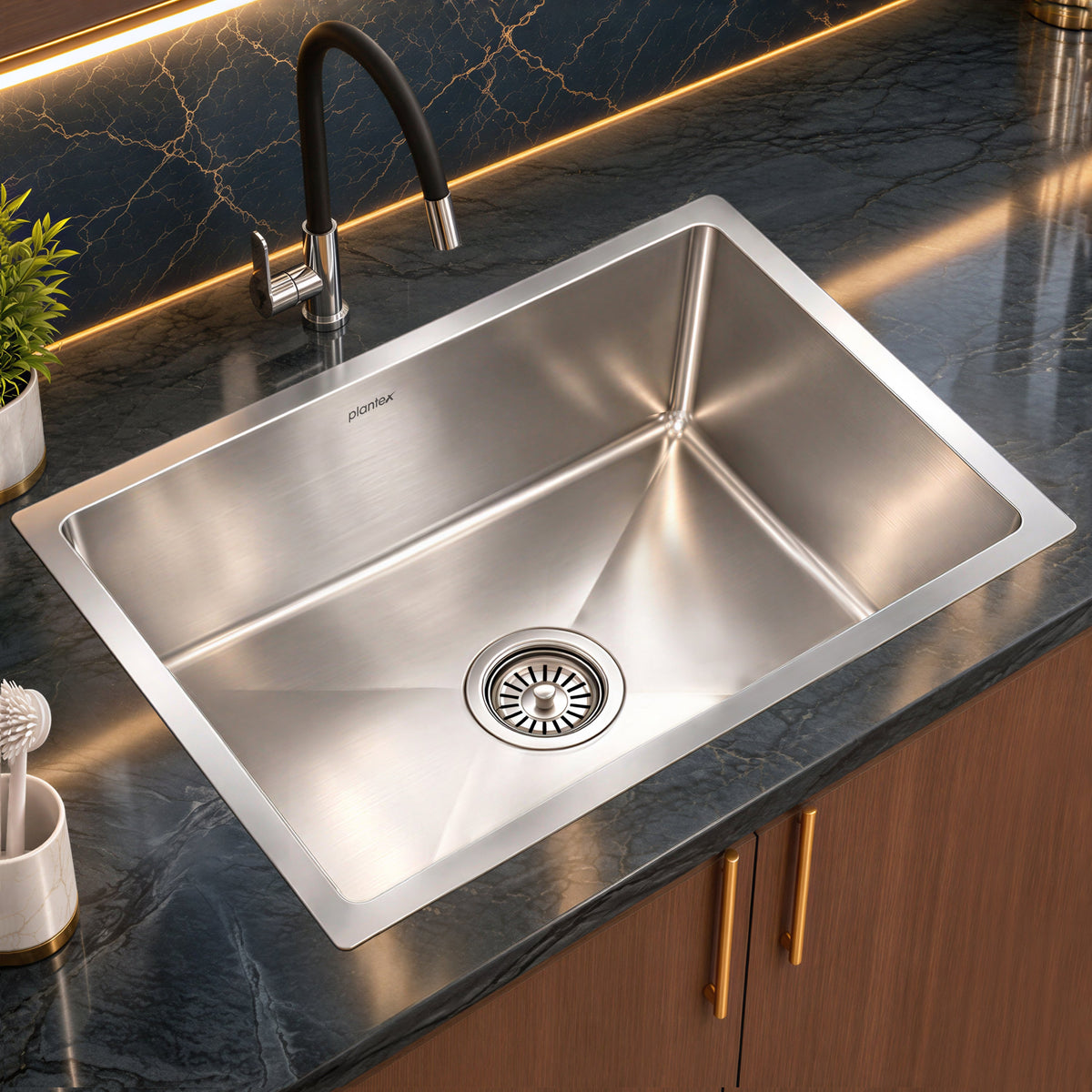 Plantex 304 Grade Stainless Steel Kitchen Sink/Kitchen Sink with 7 Years of Warranty by Plantex/Single Bowl Sink with All Fittings & Drain Rack (Silver Matt-24x18 Inches)