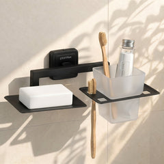 Plantex Decan 304 Grade Stainless Steel Soap and Brush Holder Stand for Bathroom/Tumbler Holder with Soap Holder/Bathroom Accessories - (Black)-1