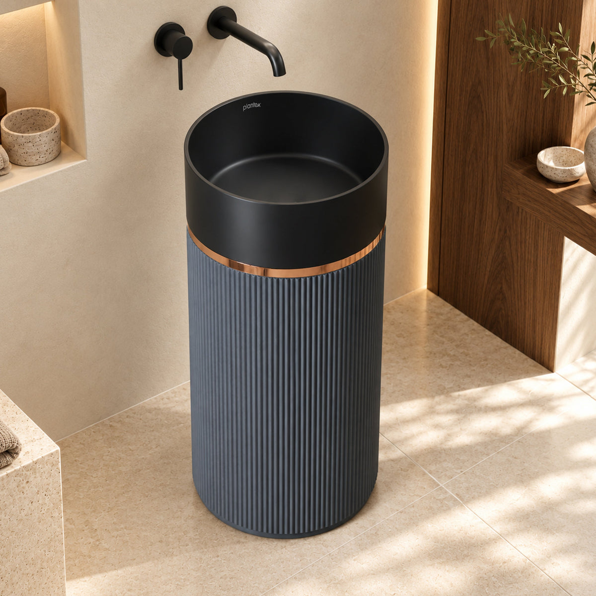 Plantex Matt Pedestal Wash Basin/Acrylic Resin & Quartz Free Standing Wash Basin/Round Basin For Bathroom/Home/Hotel/Restaurant- (Black And Grey, 16 X 16 X 34 Inch)-1