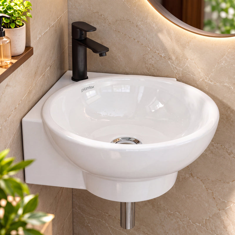 Plantex Ceramic White Corner Wash Basin/Wall Mount Basin for Bathroom/Corner Bathroom Basin/Glossy Small Sink with 10 Years Glaze Warranty by Plantex (Lily -14 x 16.5 x 5.5 Inch)-1