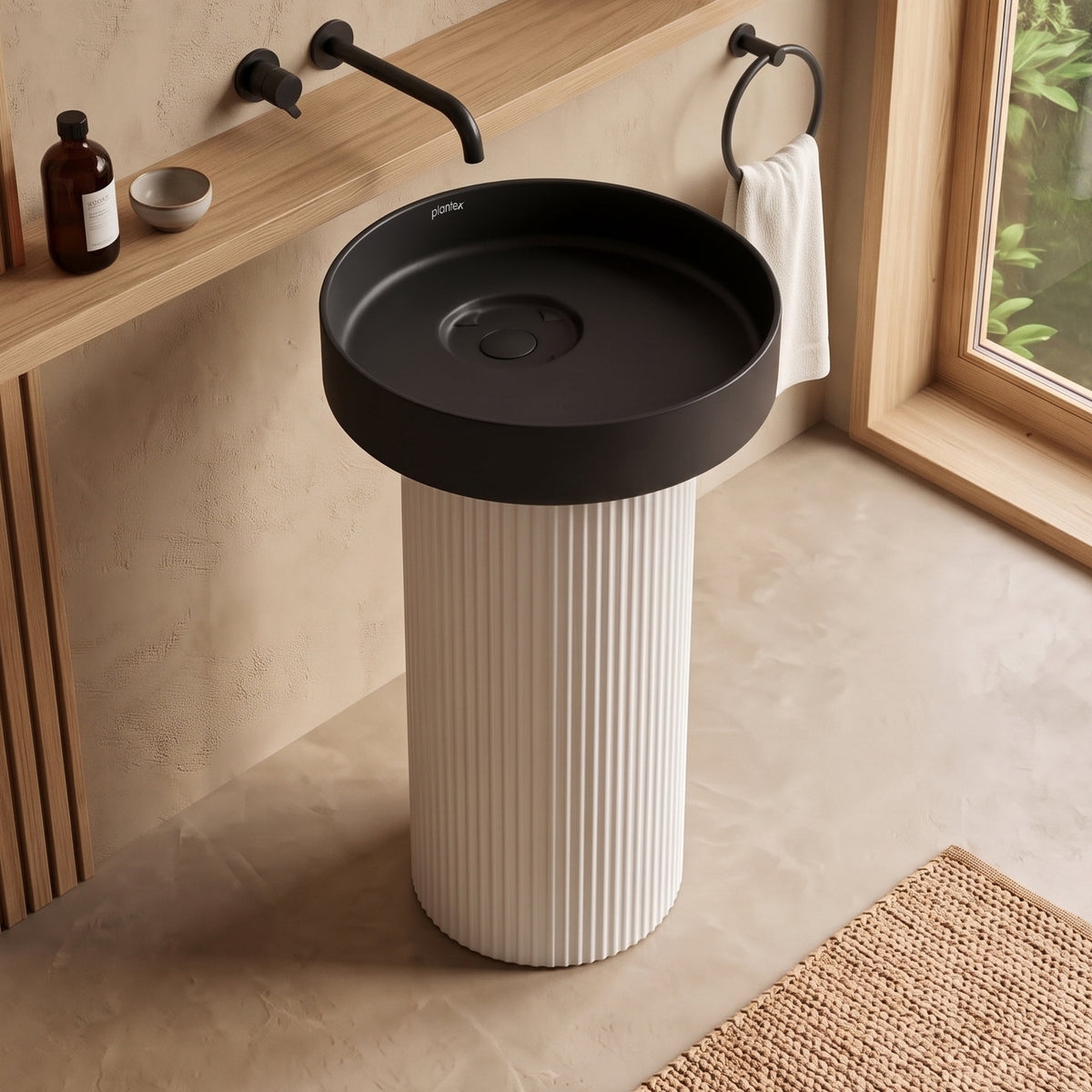 Plantex Acrylic Resin & Qaurtz Pedestal Basin for Bathroom/One Piece Pedestal Free Standing Round Wash Basin for living Room/Hotel (Black & White)