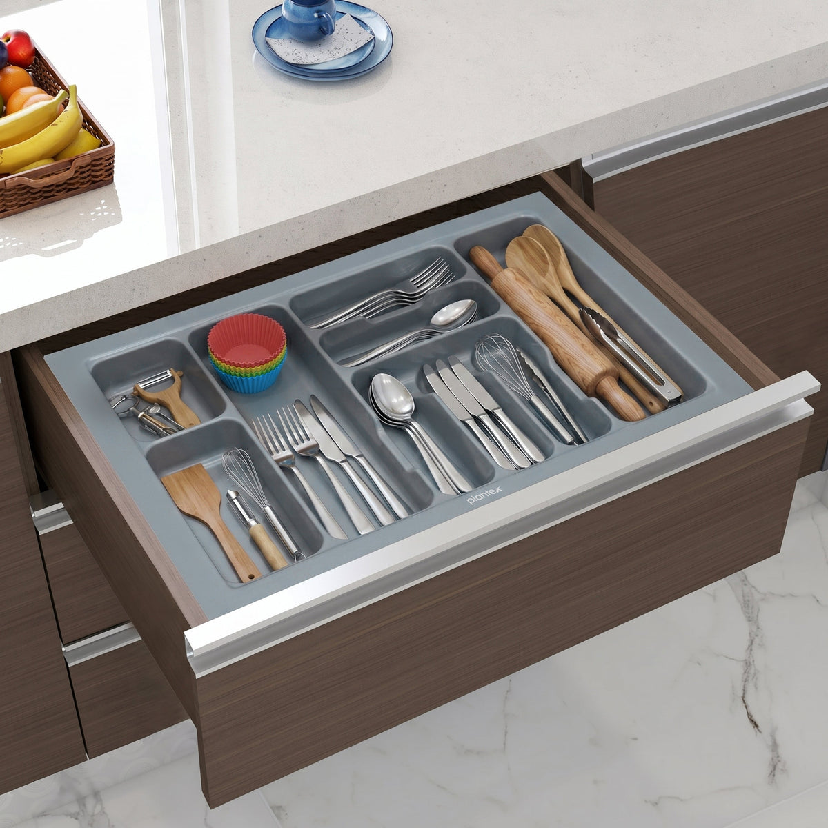 Plantex PVC Cutlery Organizer for Kitchen Drawer/Cutlery Tray Organizer/Modular Kitchen Accessories Grey (28.5 x 18.5 Inch)