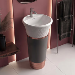 Plantex Matt Acrylic Resin & Quartz Pedestal Basin For Bathroom/Designer One Piece Pedestal Free Standing Round Wash Basin For Living Room/Hotel (White & Grey)-1