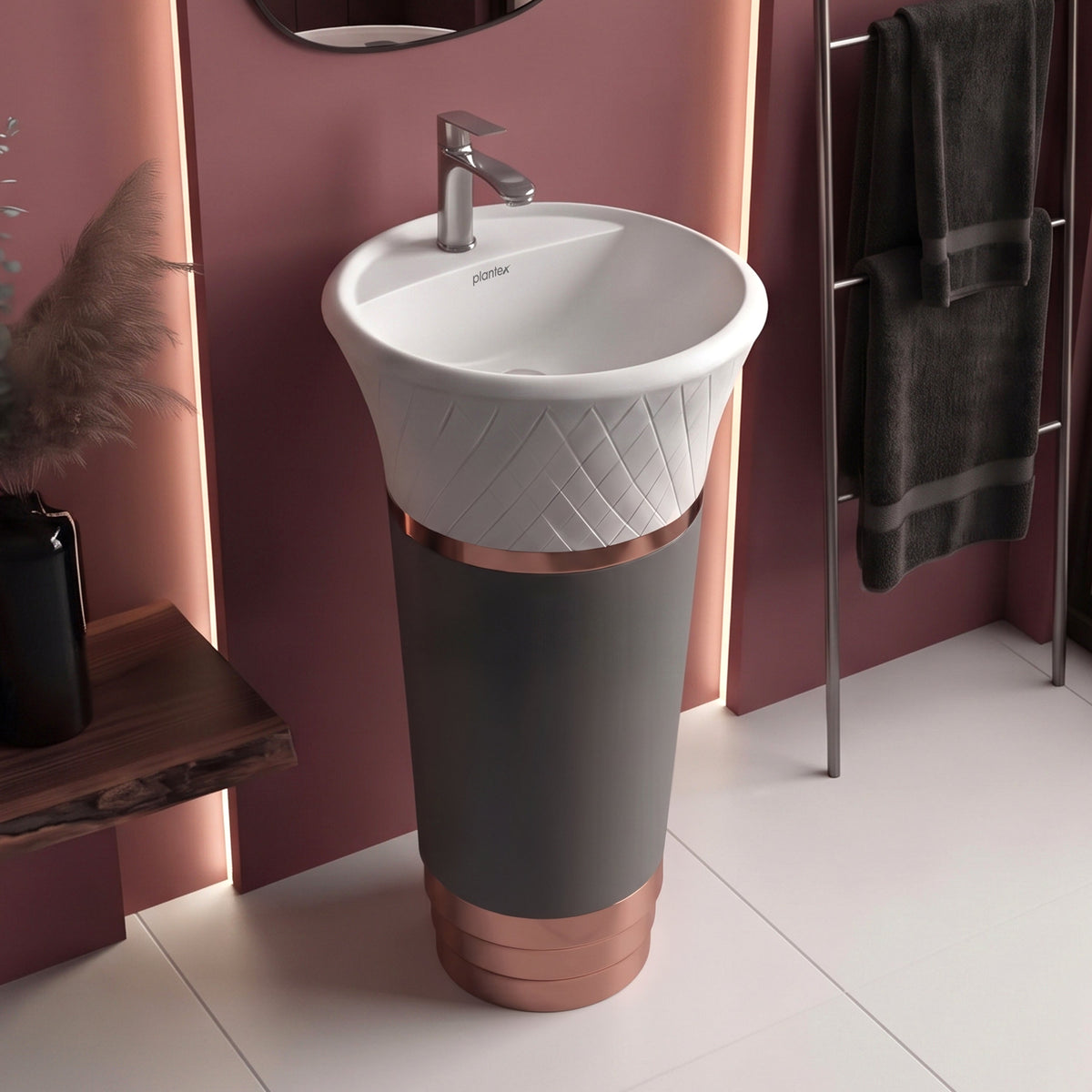Plantex Matt Acrylic Resin & Quartz Pedestal Basin For Bathroom/Designer One Piece Pedestal Free Standing Round Wash Basin For Living Room/Hotel (White & Grey)