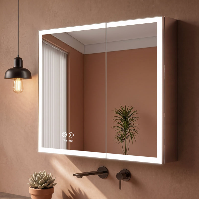 Plantex 304 Stainless Steel Bathroom Cabinet with Mirror/Bathroom Cabinet Storage/LED Mirror Cabinet for Bathroom Wall (18x18 Inch-LED & Defogger/Chrome/Double Door)-1