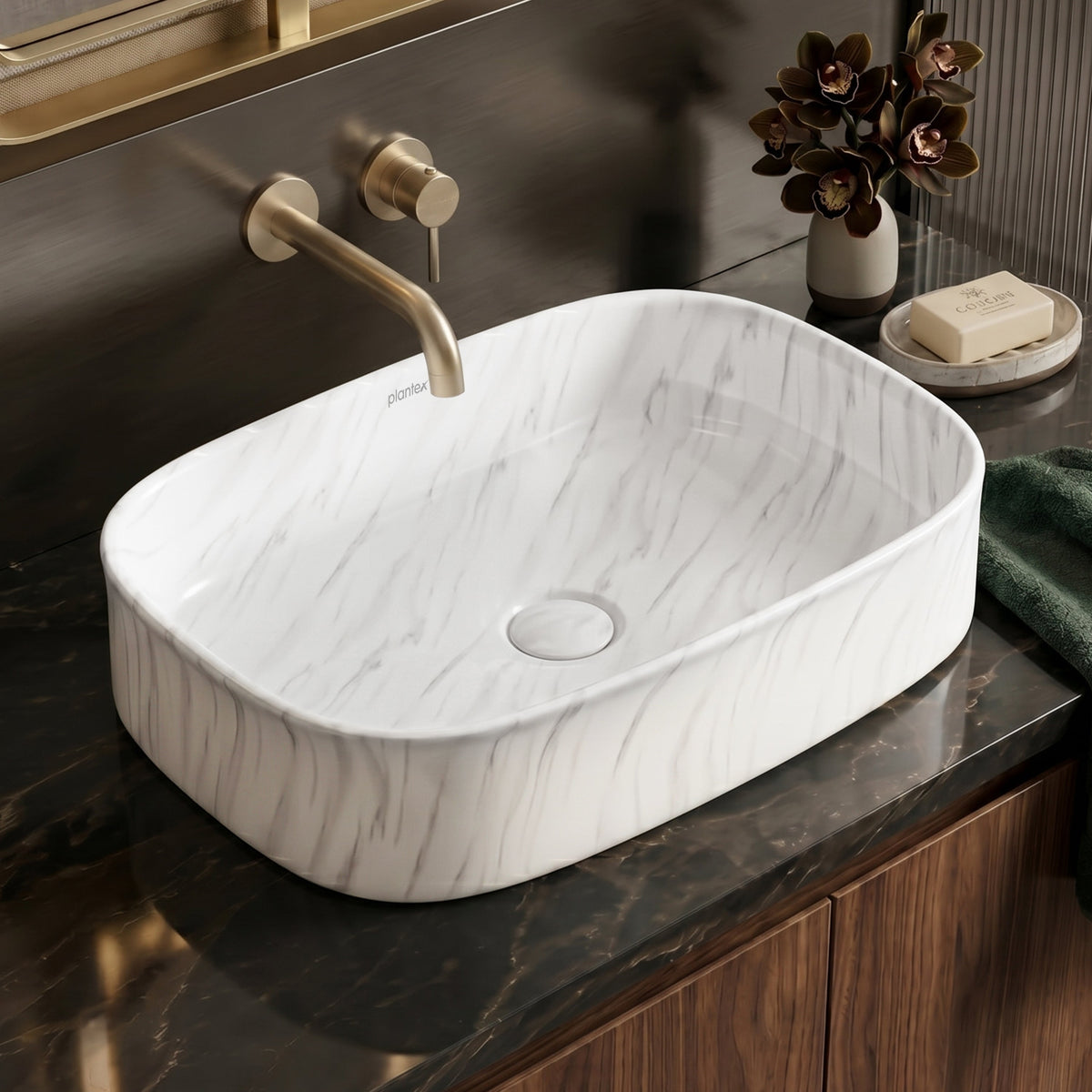 Plantex Wash Basin for Bathroom/Ceramic Table Top Washbasin/Countertop Vessel Sink Basin - (White Marble, 21.5 x 15 x 6 Inch)