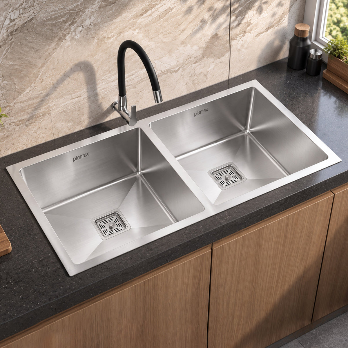 Plantex Heavy Duty Stainless Steel Double Bowl Sink for Kitchen/Handmade Kitchen Sink with 25 Years Warranty by Plantex/Sink with Coupling, Hose Pipe and Drying Rack (Silver Matt - 37x18x9 Inches)-3
