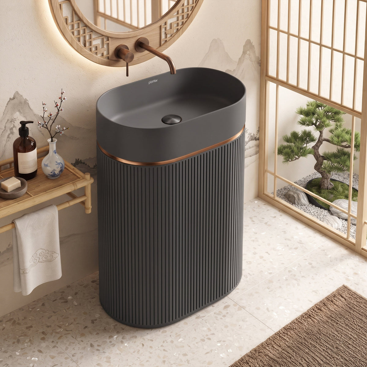 Plantex Acrylic Resin & Quartz Free Standing Basin/Pedestal Wash Basin/Oval Basin for Bathroom/Home/Office - (10047, Grey)-1