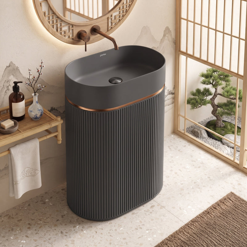Plantex Acrylic Resin & Quartz Free Standing Basin/Pedestal Wash Basin/Oval Basin for Bathroom/Home/Office - (10047, Grey)-1