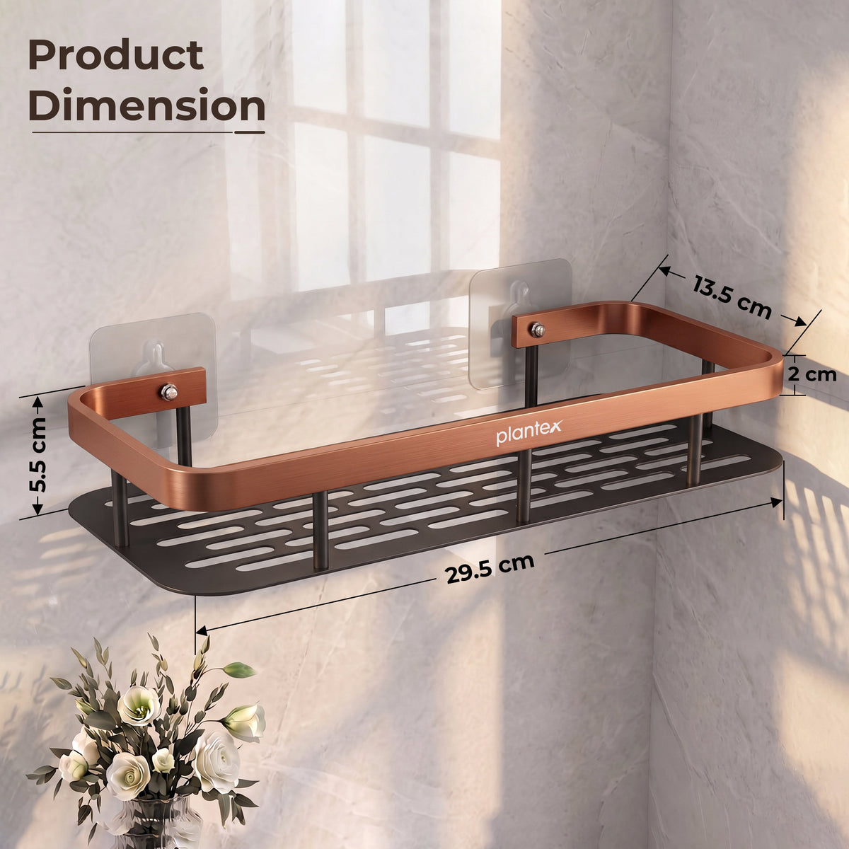 Plantex Bathroom Organizer Without Drill/Stainless Steel & Aluminium Shelf for Wall with Adhesive Stickers - Pack of 2 (12x5 inch, Copper & Black)-2