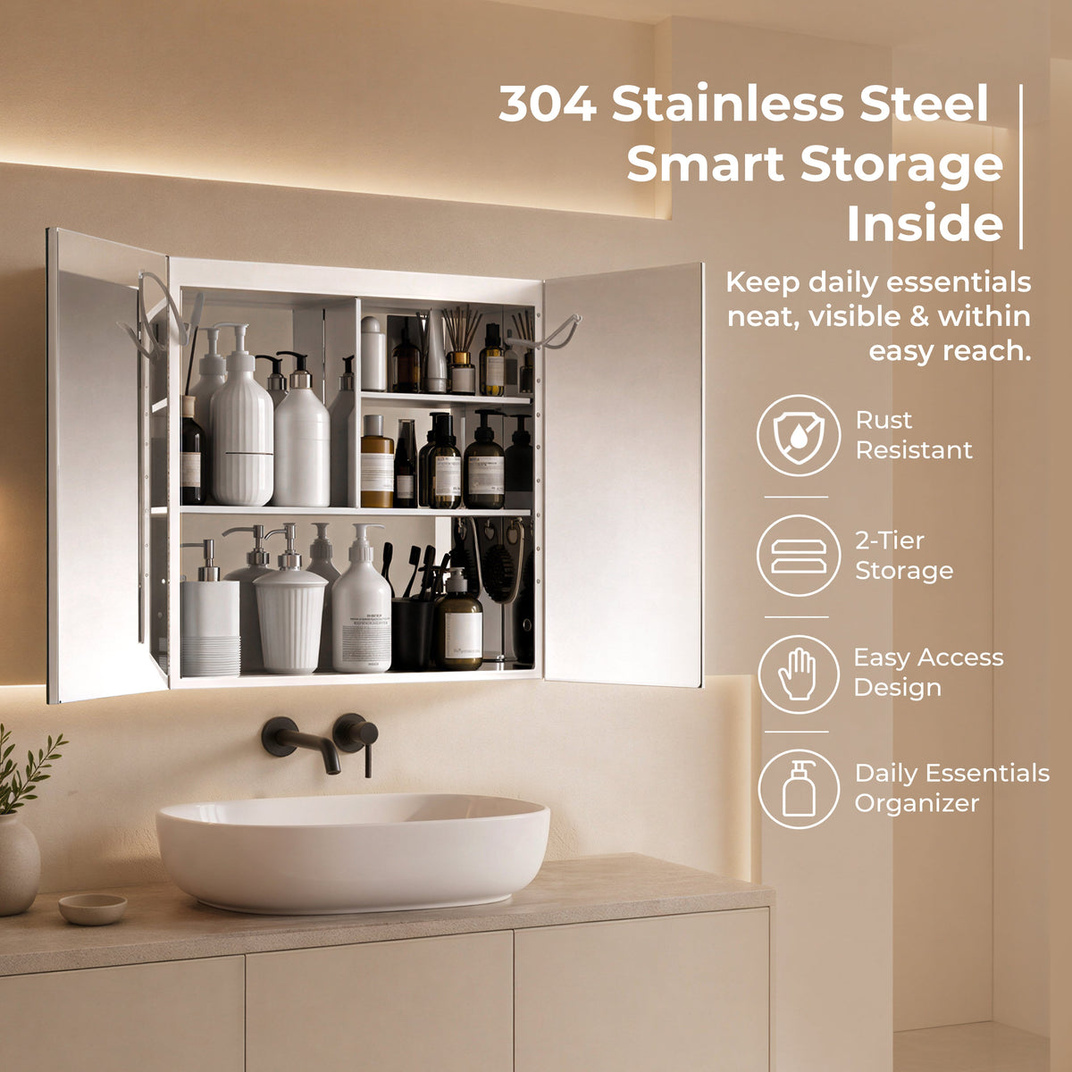 Plantex 304 Stainless Steel Bathroom Cabinet with Mirror/Bathroom Cabinet Storage/LED Mirror Cabinet for Bathroom Wall (18x18 Inch-LED & Defogger/Chrome/Double Door)-3