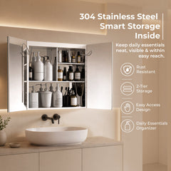 Plantex 304 Stainless Steel Bathroom Cabinet with Mirror/Bathroom Cabinet Storage/LED Mirror Cabinet for Bathroom Wall (18x18 Inch-LED & Defogger/Chrome/Double Door)-3